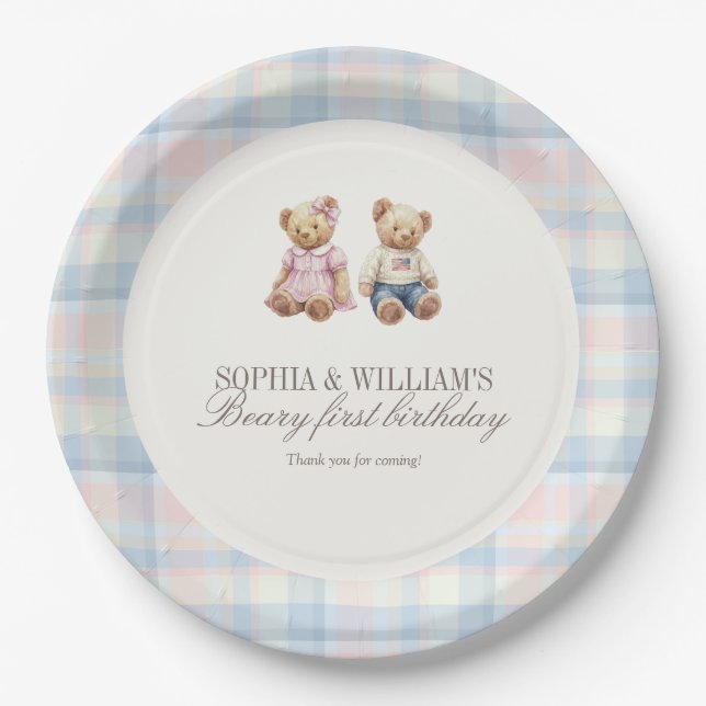 Twins Beary First Teddy Bear Birthday Plates  Pappteller (Vorderseite)