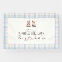 Twins Beary First Teddybär Geburtstagsbanner