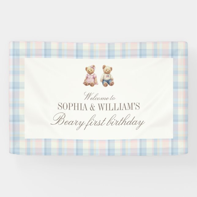 Twins Beary First Teddybär Geburtstagsbanner Banner (Horizontal)