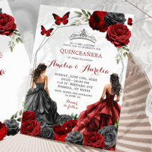Twins Black and Red Burgundy Floral Quinceañera
