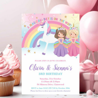 Twins Blonde Brünett Princesses Unicorn Geburtstag Einladung