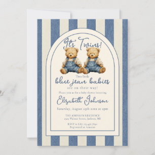 Twins Blue Jean Teddy Bär QR Code Baby Shower Einladung