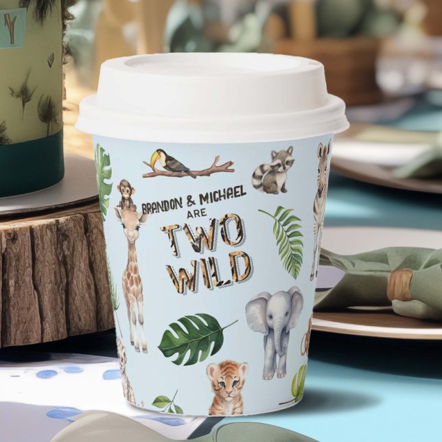 Twins Blue Safari thematisierte Two Wild Boy 2. Pappbecher (Twins Blue Two Wild 2nd Birthday paper cups)