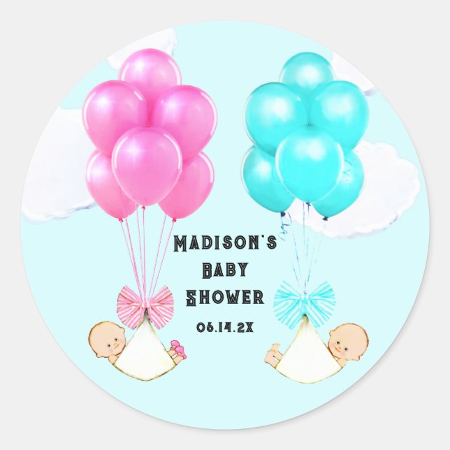 Twins Boy and Girl Baby Shower Runder Aufkleber (Vorderseite)