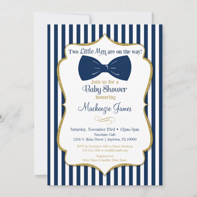 Twins Boy Baby Shower Einladung Blue Gold Bow Kraw (Vorderseite)