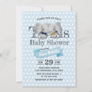 Twins Boy Elephant Blue Polka Dots Baby Dusche Einladung