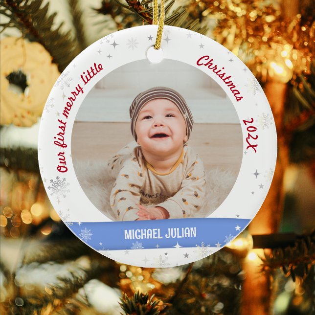 Twins Boy Girl 2 Fotos 1. Frohe Weihnachten Keramik Ornament (Elegant Modern Cute Our first merry little Christmas Twins Baby Boy Girl 2 Photos Snowflakes Stars)