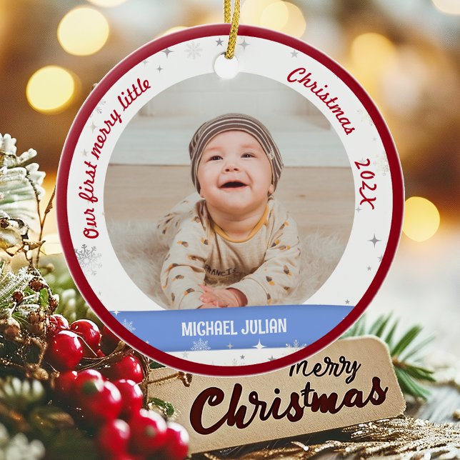 Twins Boy Girl 2 Fotos 1. Frohe Weihnachten Keramik Ornament (Elegant Modern Cute Our first merry little Christmas Twins Baby Boy Girl 2 Photos Snowflakes Red Rim)