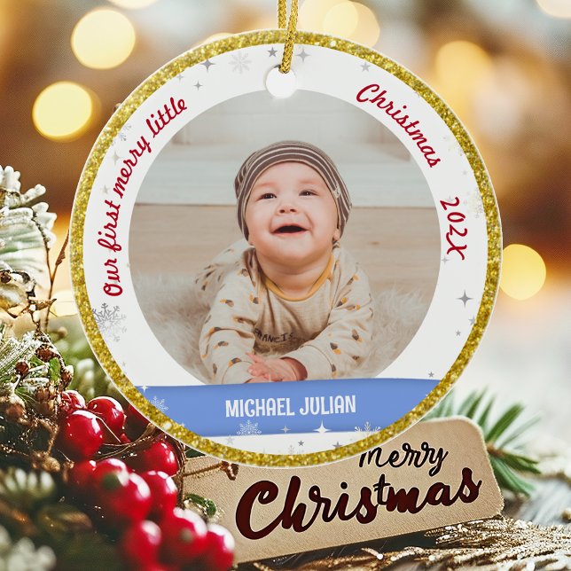 Twins Boy Girl 2 Fotos 1. Frohe Weihnachten Keramik Ornament (Elegant Modern Cute Our first merry little Christmas Twins Baby Boy Girl 2 Photos Snowflakes Golden)