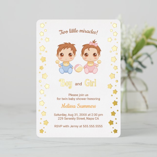 Twins Boy Girl Baby Shower Folieneinladung (Stehend vorne)