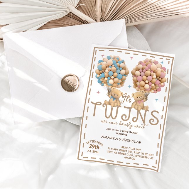 Twins Boy Girl Bear Pink Blue Balloon Babydusche Einladung (Von Creator hochgeladen)