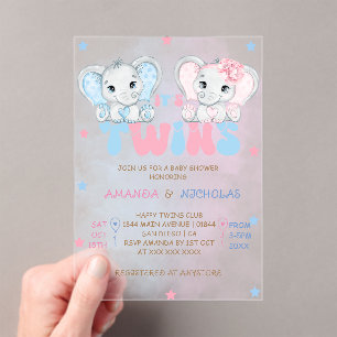 Twins Boy Girl Elephants Babydusche Acryleinladungen