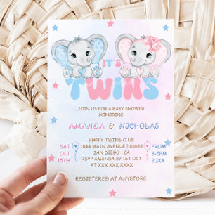 Twins Boy Girl Elephants Babydusche Einladung