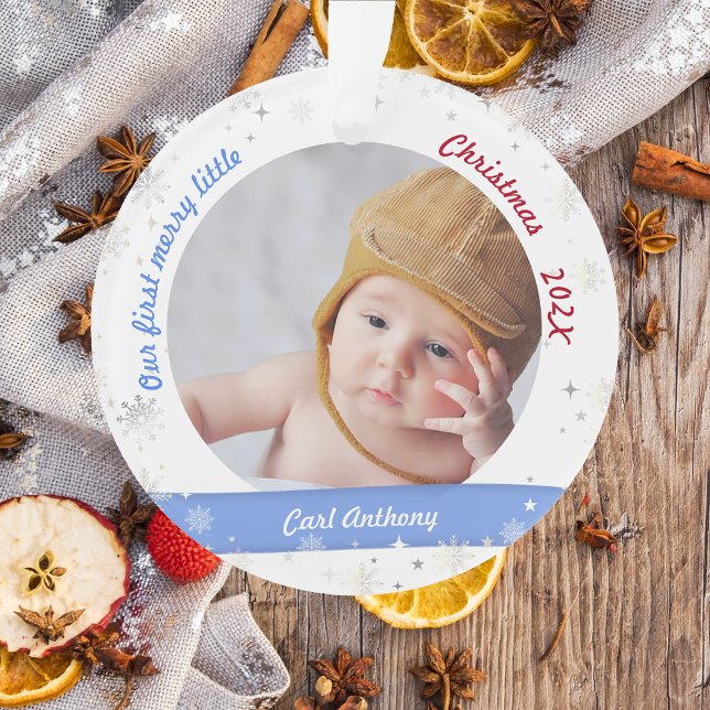 Twins Boy Girl Fotos First Merry Little Christmas Ornament (Modern Elegant Cute Our First Merry Little Christmas Twins Boy Girl 2 Photos Snowflakes Blue Pink)