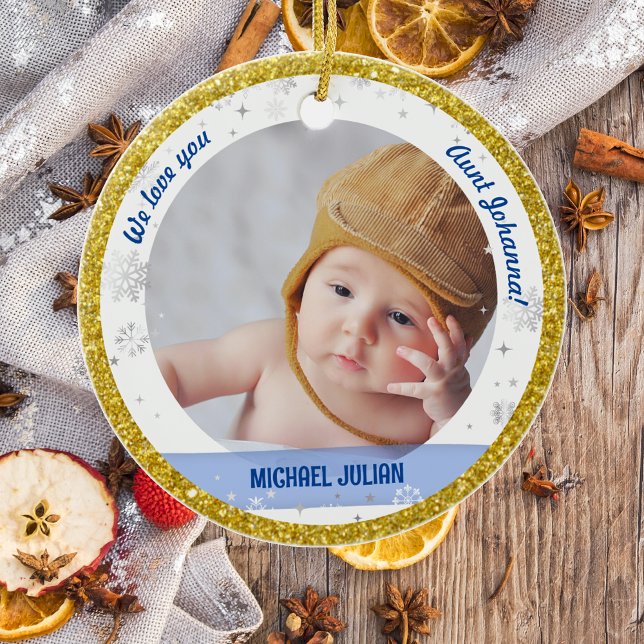 Twins Boy Girl Fotos Tante First Christmas Baby Keramik Ornament (Modern, Elegant, Cute We love you, Aunt First Christmas Twin Babies Boy Girl Snowflakes Stars Golden)