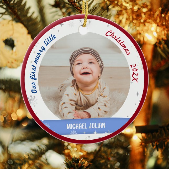 Twins Boys 2 Fotos First Merry Little Christmas Keramik Ornament (Cute Modern Elegant Personalized Our First Merry Little Christmas Twin Baby Boys 2 Photos Snowflakes)