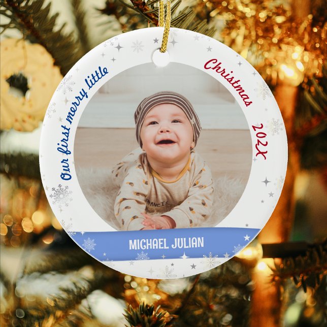 Twins Boys 2 Fotos First Merry Little Christmas Keramik Ornament (Cute Modern Elegant Personalized Our First Merry Little Christmas Twin Baby Boys 2 Photos Snowflakes)