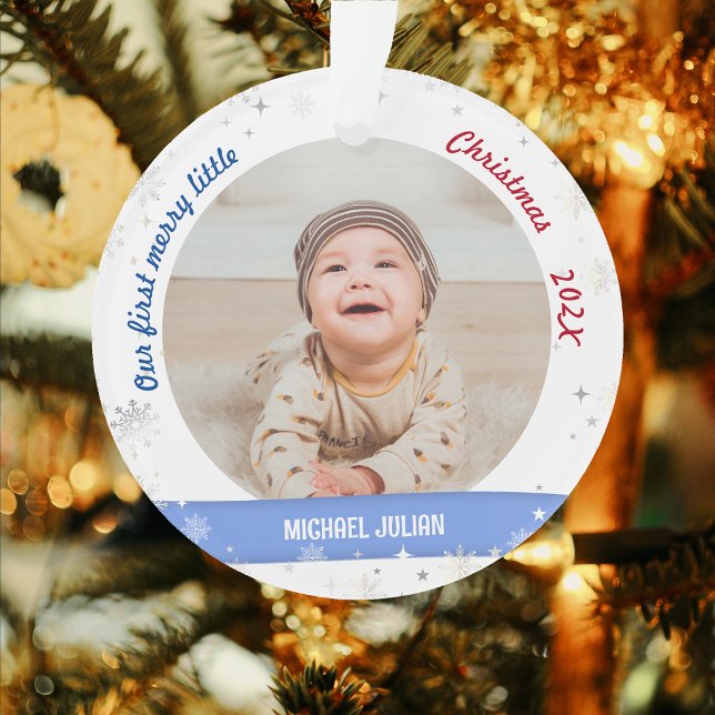 Twins Boys 2 Fotos First Merry Little Christmas Ornament (Cute Modern Elegant Personalized Our First Merry Little Christmas Twin Baby Boys 2 Photos Snowflakes)