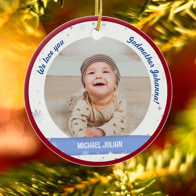 Twins Boys Fotos Godmutter First Christmas Baby Keramik Ornament (Cute Modern Elegant Personalized First Christmas Baby We love Godmother Twin Boys 2 Photos Snow)