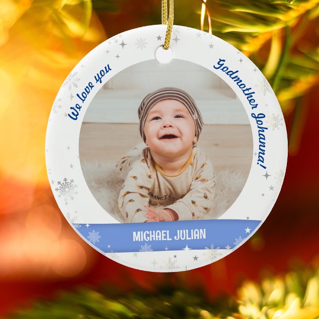 Twins Boys Fotos Godmutter First Christmas Baby Keramik Ornament (Modern, Cute, Elegant We love you, Godmother! First Christmas Twin Baby Boys. 2 Photos. Snowflakes)