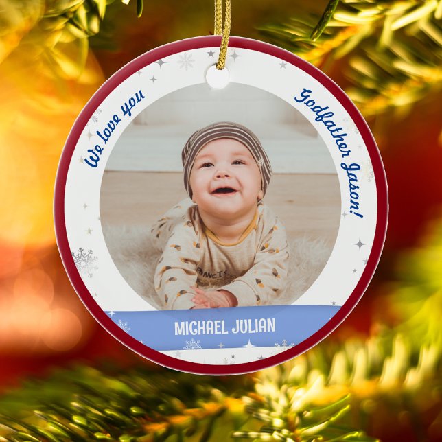 Twins Boys Fotos Godvater First Christmas Baby Keramik Ornament (Cute Modern Elegant Personalized First Christmas Baby We love Godfather Twin Boys 2 Photos Snow)