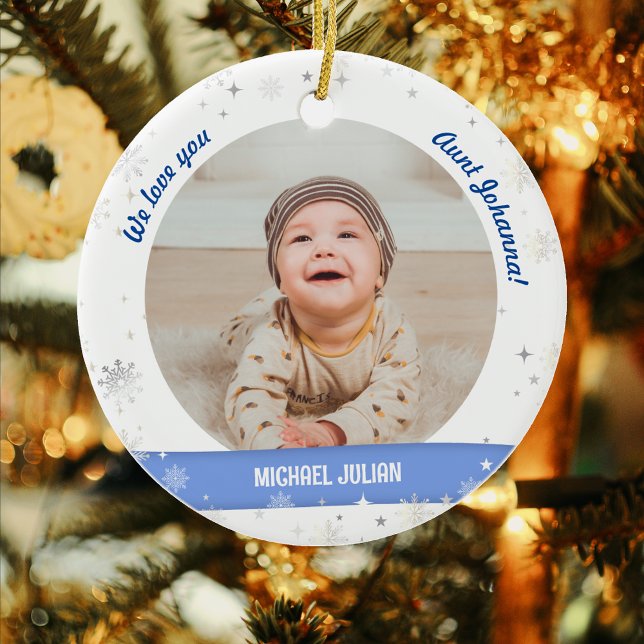 Twins Boys Fotos Tante Niedlich First Christmas Ba Keramik Ornament (Modern, Cute We love you, Aunt! First Christmas Twin Baby Boys. 2 Personalized Photos. Snowflakes)
