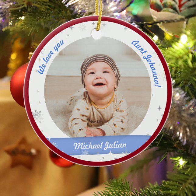 Twins Boys Fotos Tante Niedlich First Christmas Ba Keramik Ornament (Modern Elegant Cute First Christmas Baby Twins Boys We love you Auntie Snowflakes Stars Red Frame)