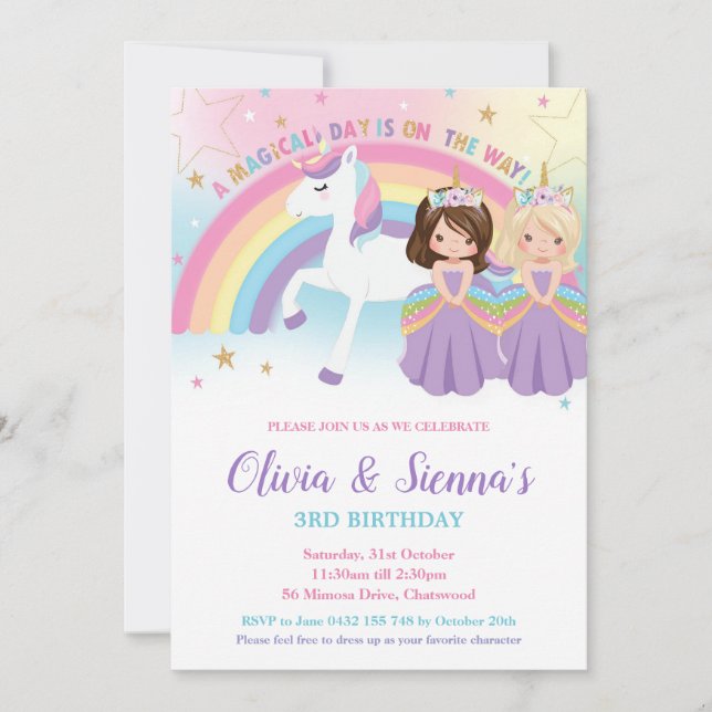 Twins Brunette Blonde Princesses Unicorn Birthday  Einladung (Vorderseite)