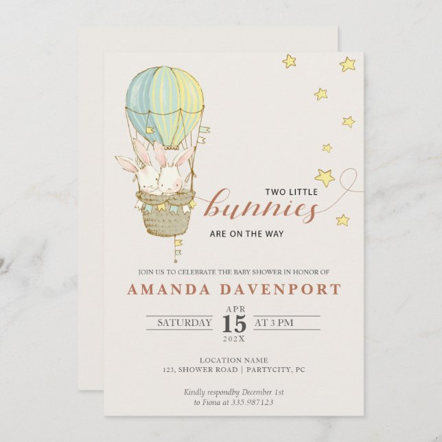 TWINS Bunny Balloons Babydusche Einladung (Vorne/Hinten)