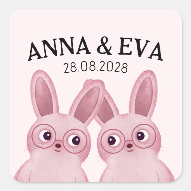 Twins Bunny Birthday Party mit rosa Brille Quadratischer Aufkleber (Vorderseite)
