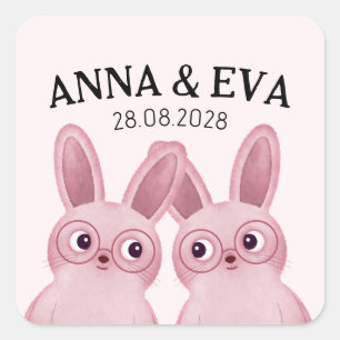 Twins Bunny Birthday Party mit rosa Brille Quadratischer Aufkleber