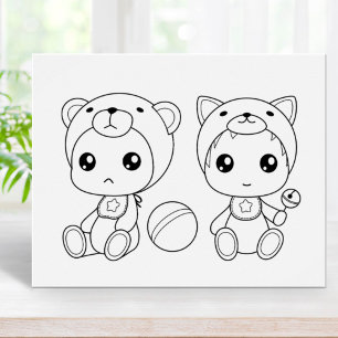 Twins Cat Bear Baby Jumpsuit Colour Page Poster