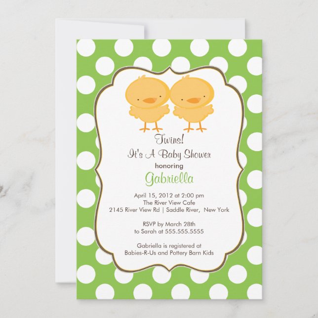 Twins Chick Baby Shower Invitation Green Girl Boy Einladung (Vorderseite)