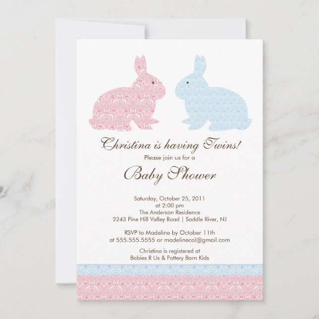 Twins Damask Bunny Baby Shower Invitation Girl Boy Einladung (Vorderseite)