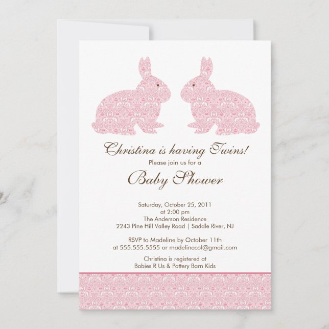 Twins Damask Bunny Baby Shower Invitation Girl Einladung (Vorderseite)