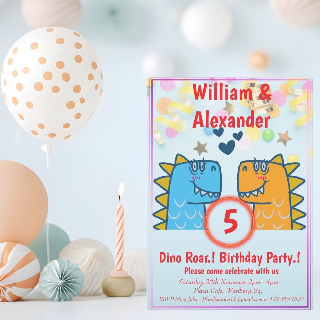 Twins Dino Roar Birthday Party Einladung (Twins Dino Roar Birthday)
