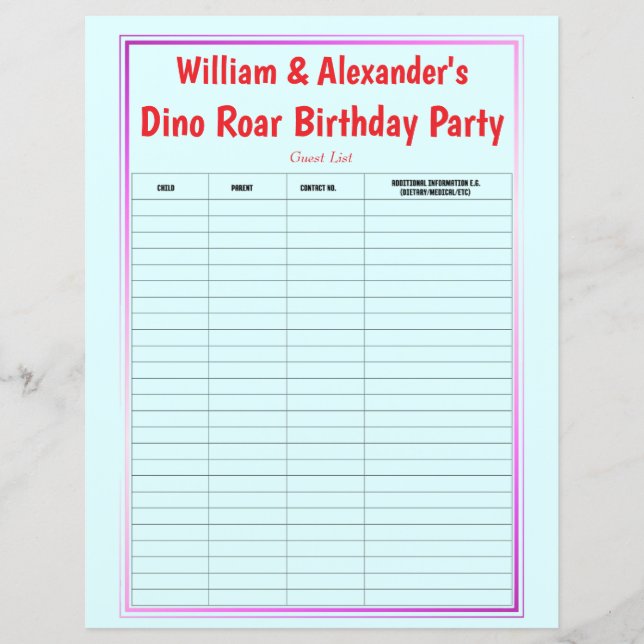 Twins Dino Roar Birthday Party Guest List (Vorderseite)