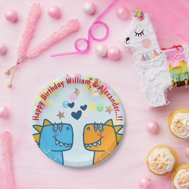 Twins Dino Roar Birthday Party Pappteller (Party)