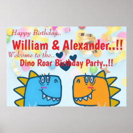 Twins Dino Roar Birthday Party Poster
