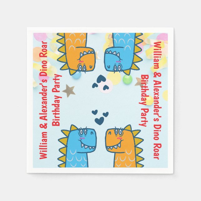 Twins Dino Roar Birthday Party Serviette (Vorderseite)