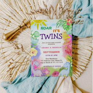 Twins Dinosaur Floral Greenery Baby Girl Shower Einladung