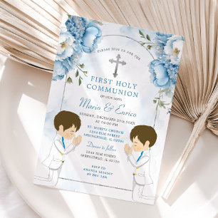 Twins Dusty Blue Flowers Boys First Holy Communion Einladung