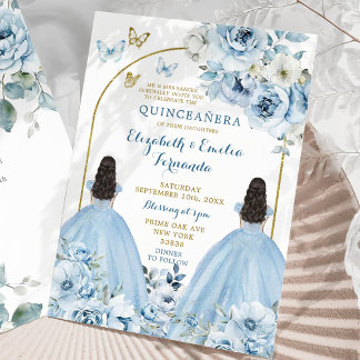 Twins Dusty Blue Mexican Quinceañera Princesses Einladung