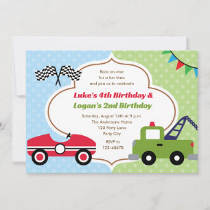 Twins Einladungen Boy Birthday Race Tow Truck