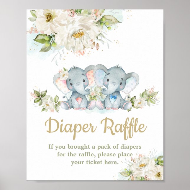Twins Elephant Boy Girl Baby Duwer Diaper Raffles Poster (Vorne)