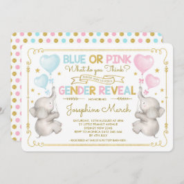 Twins Elephant Gender Reveal Blue Pink Gold Baby Einladung