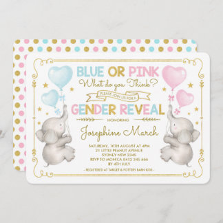 Twins Elephant Gender Reveal Blue Pink Gold Baby Einladung