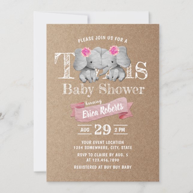 Twins Elephant Rustic Kraft Girl Baby Shower Einladung (Vorderseite)
