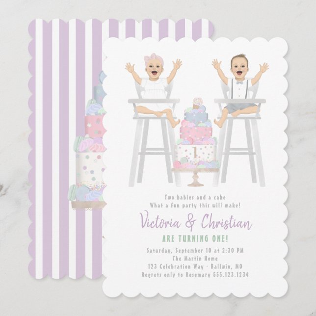 Twins erster Geburtstag Smash Cake Einladung (Vorne/Hinten)