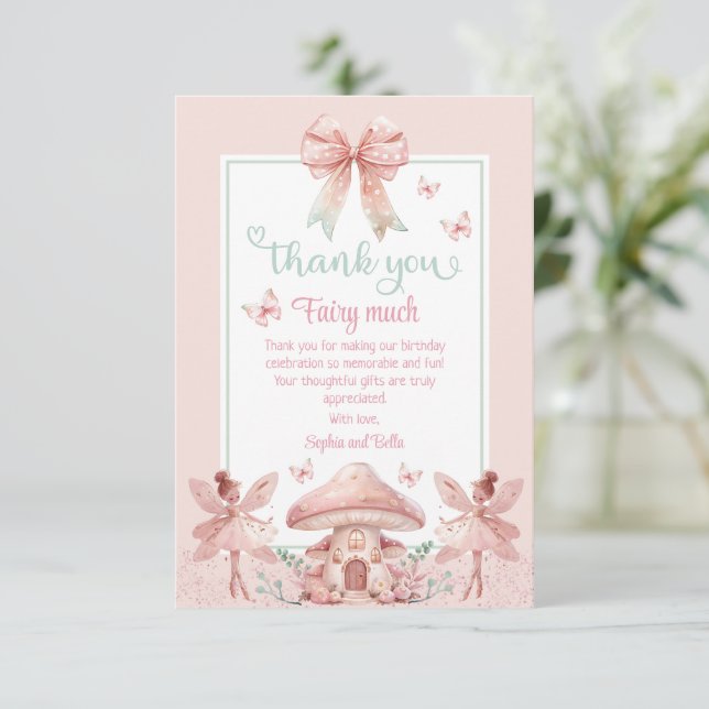 Twins Fairy Girls Mushroom House Ribbon Geburtstag Dankeskarte (Stehend Vorderseite)